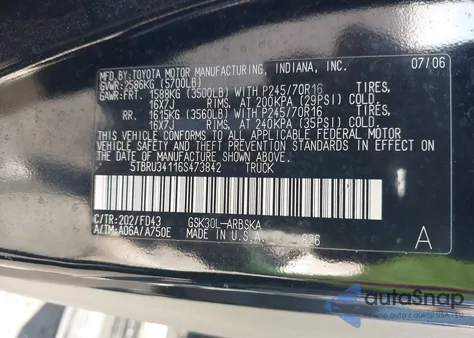 2006 Toyota Tundra Sr5 из США, поврежденный, VIN 5TBRU34116S473842